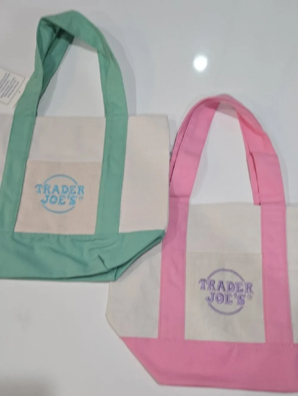 2 Trader Joes Mini Pastel Canvas Tote Bags - Green And Pink